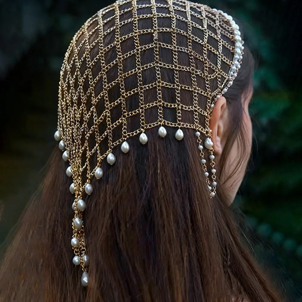 metal mesh headband retro court style pearl pendant elegant ball headgear accessory fashion hand made hair accessory jewelry