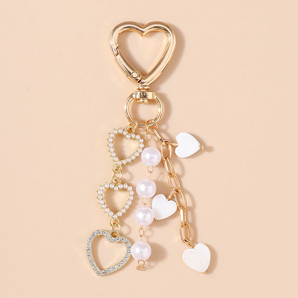 Aihua Cute Y2K Metal Shell Love Heart Key Chain Pearl Key Ring for Women Girl Handbag Pendants DIY Handmade Jewelry Accessories