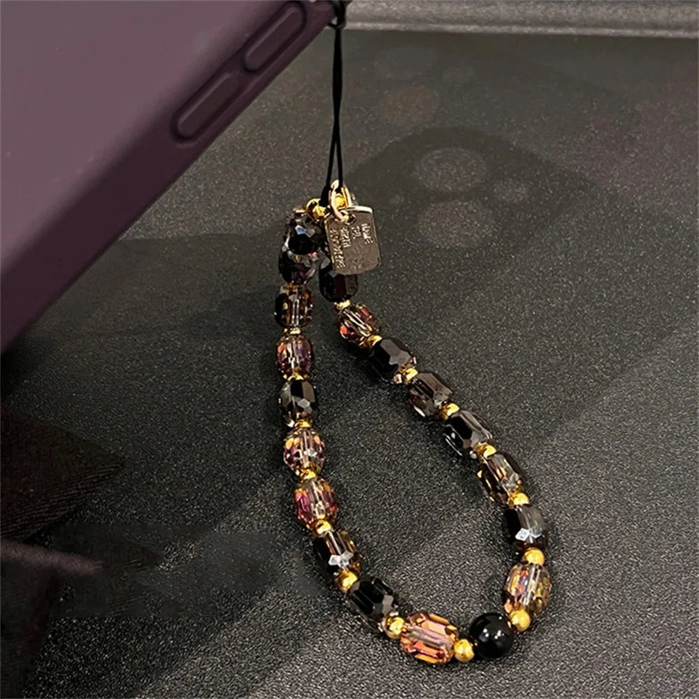 Luxury Black Gold Crystal Phone Chain Strap Bead Korean Bracelet For iPhone Samsung Accessories Hanging Rope Pendant Jewelry