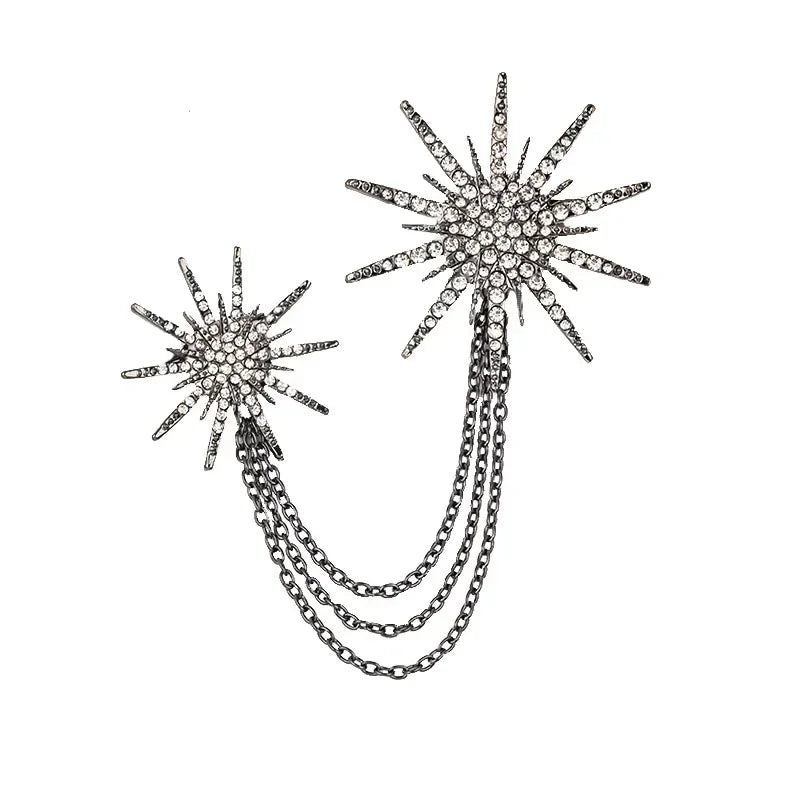 Vintage Crystal Star Snowflake Brooch for Men Tassel Chain Badge Fashion Suit Lapel Pins Elegant Jewelry Accessories