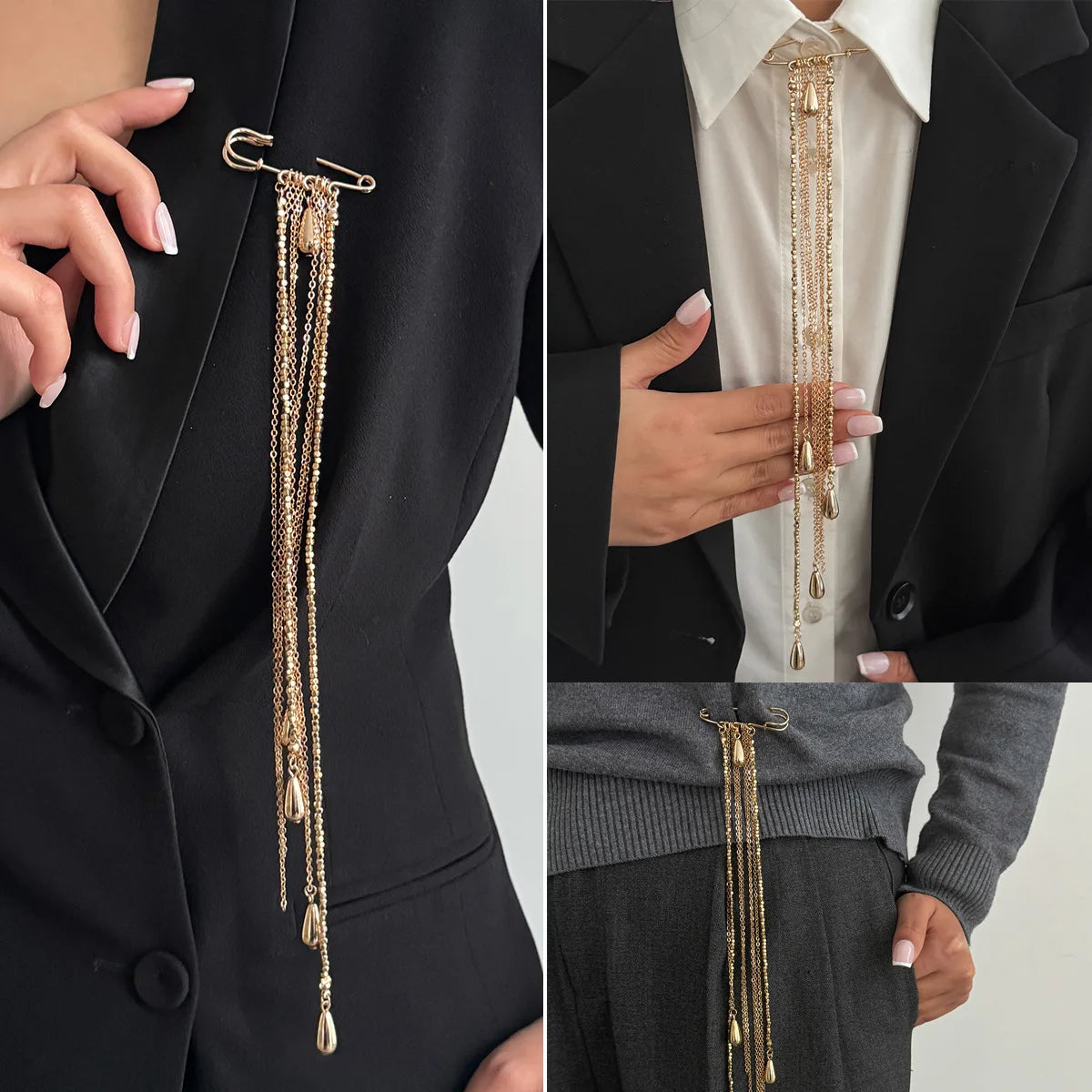 Long Tassel Metal Chain Brooch Unique Trendy Design Drip Shaped Multi-chain Pin Suit Clothing Accessories Gifts