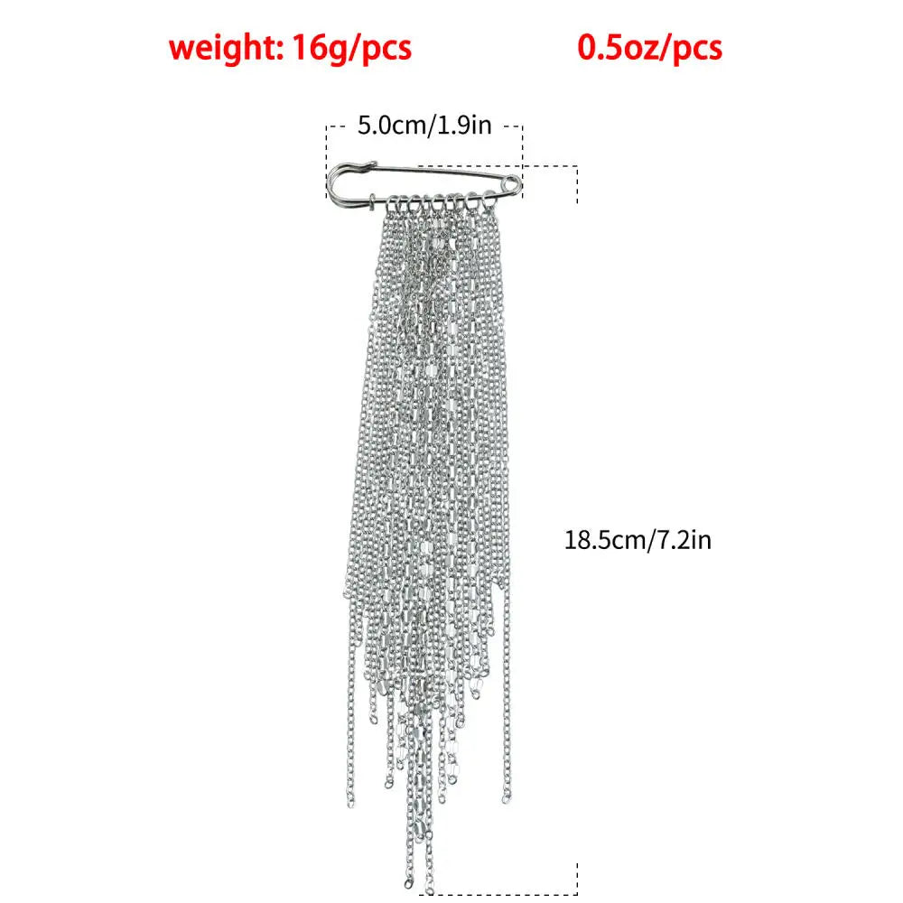 Exaggerated Silver Color Long Tassel Brooches Detachable Fixed Clothes Pin Tighten Buckle Trouser Leg Accessories Jewelry Women
