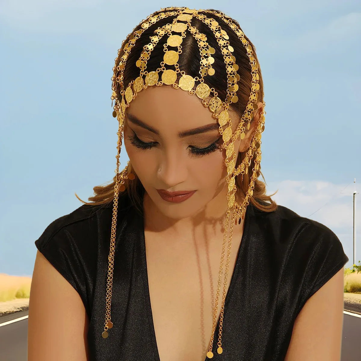 Creative Arabic Headwear: Popular in Middle East, Europe and America, Gold Alloy Coin Fringe Headband Hair Chain