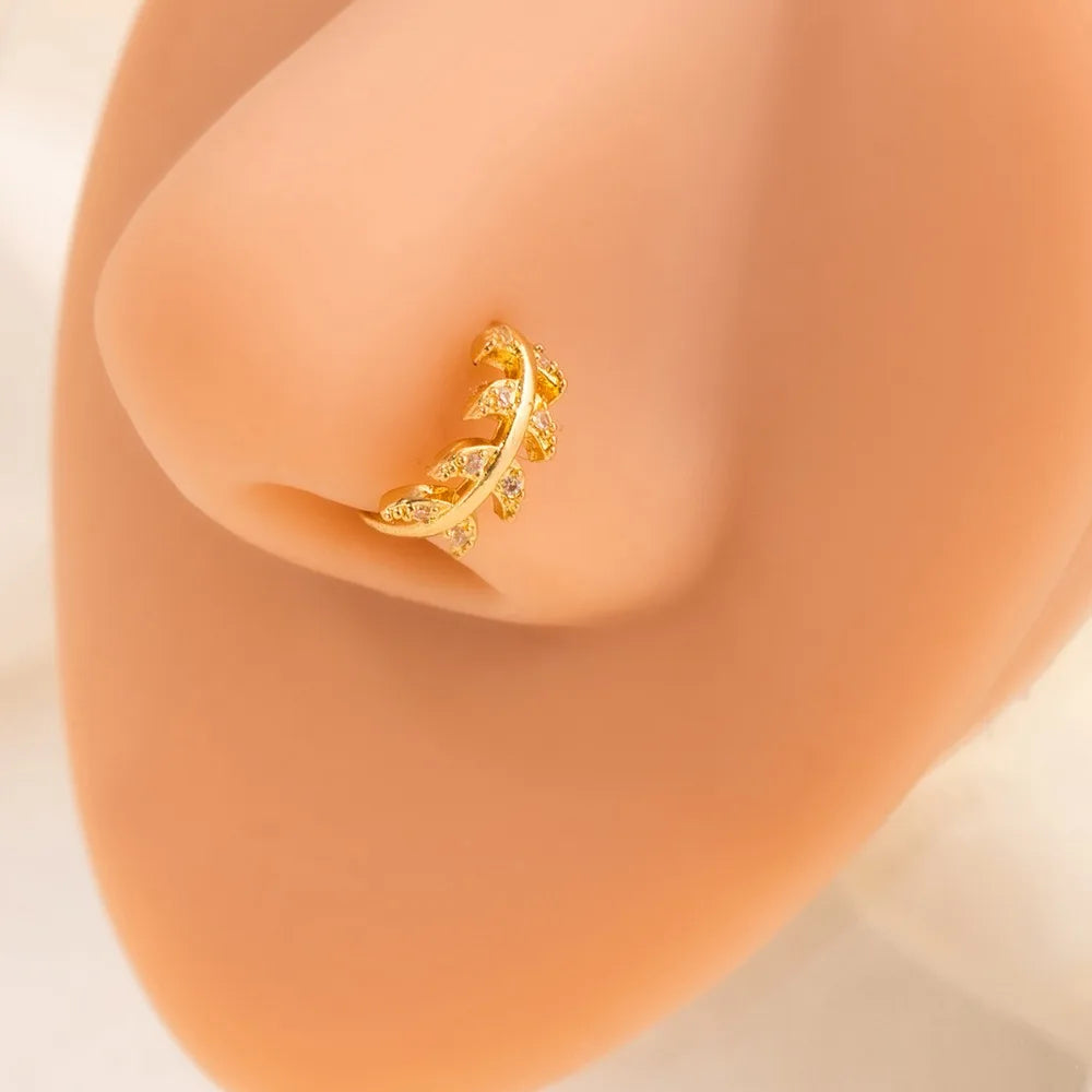 Hip-hop Rock Personality Shiny Inlaid Zircon Leaves Flowers No Piercing Nose Stud Nose Ring for Women Punk Jewelry Accessories