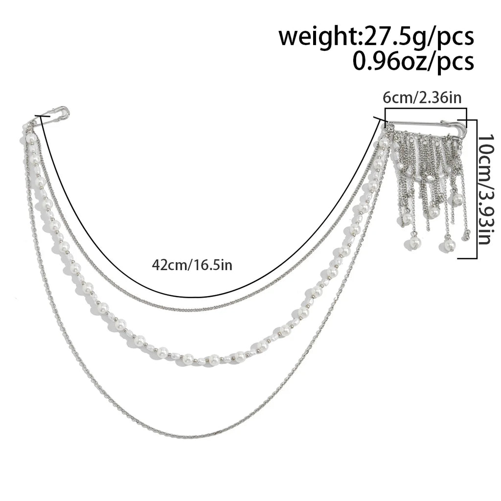 New Fashion Imitation Pearl Tassel Brooch for Women Punk Hip Hop Metal Long Chain Double Pins Brooches Suit Jewelry