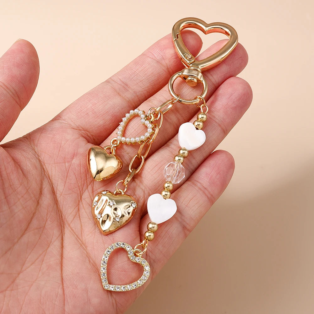 Aihua Cute Y2K Metal Shell Love Heart Key Chain Pearl Key Ring for Women Girl Handbag Pendants DIY Handmade Jewelry Accessories