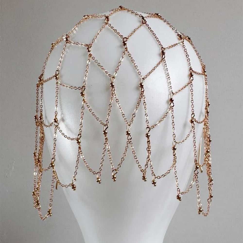 Handmade Hollow Mesh Headpiece Cap Belly Dance Hair Accessories Fashion Design Tassel Metal Head Chain Hat Wedding Jewelry Gift
