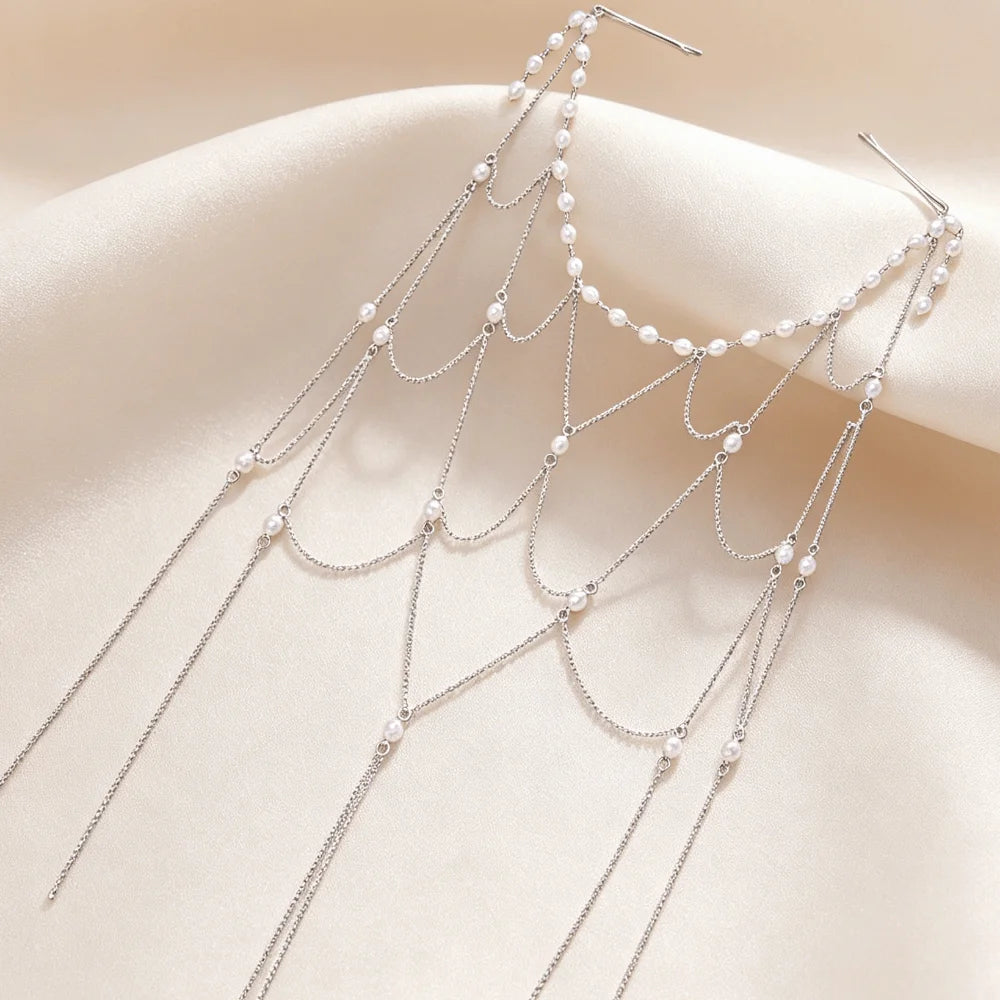 INS Vintage Bridal Head Chain Zircon Hollow Headpiece Pearl Headpiece Mesh Elegant Tassel Hair Chain Niche