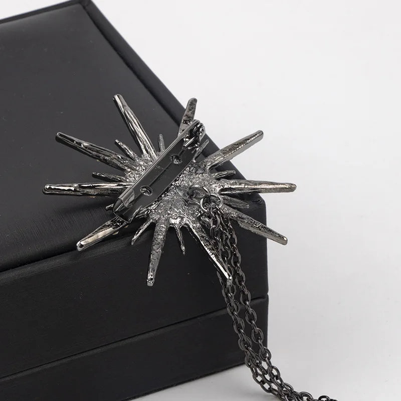 Vintage Crystal Star Snowflake Brooch for Men Tassel Chain Badge Fashion Suit Lapel Pins Elegant Jewelry Accessories