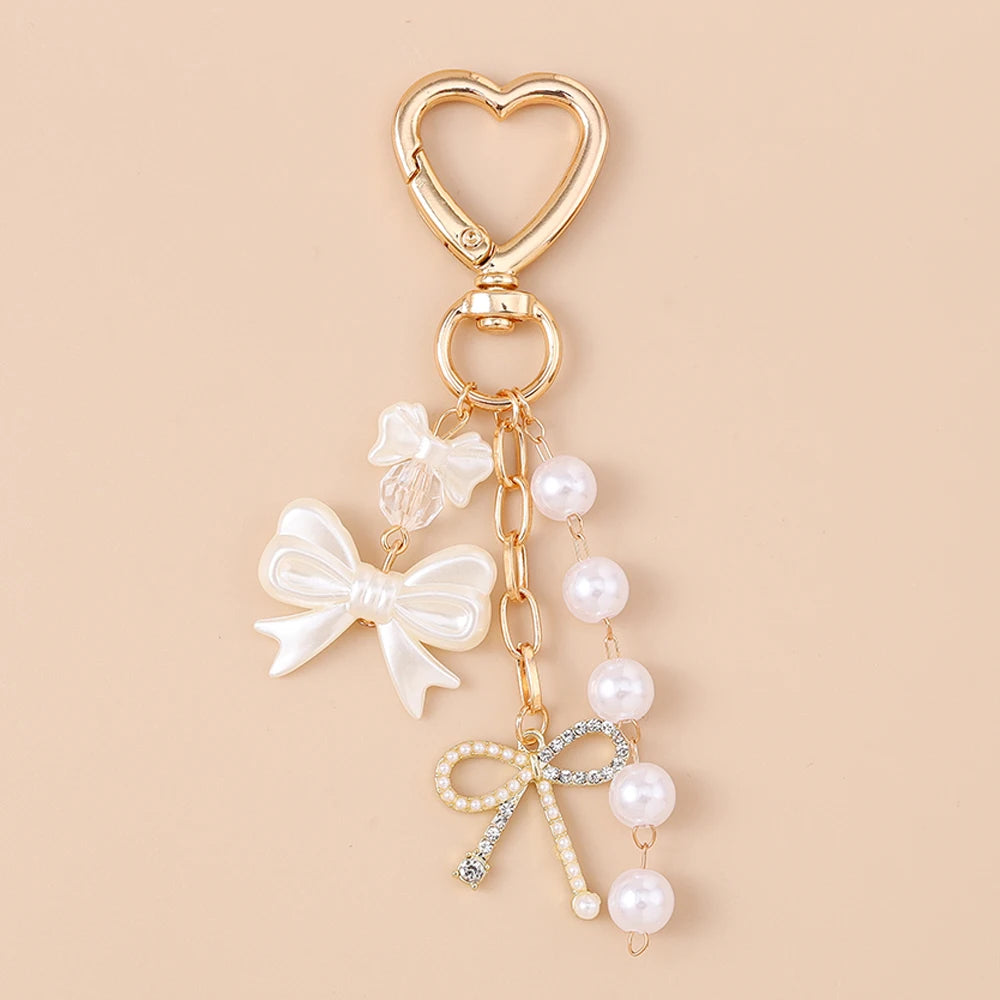 Aihua Cute Y2K Metal Shell Love Heart Key Chain Pearl Key Ring for Women Girl Handbag Pendants DIY Handmade Jewelry Accessories