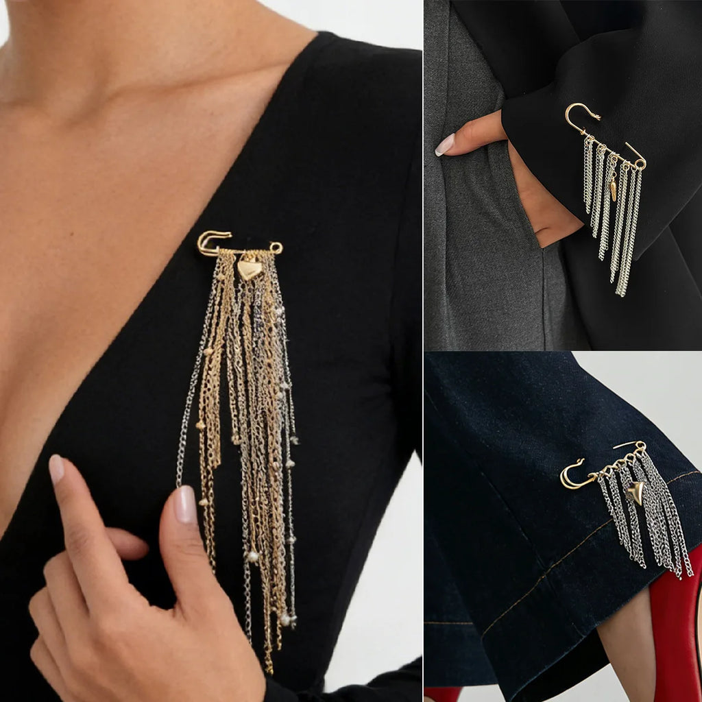 Love Heart Pendant Safety Pin for Pants Shortening Decorative Chain Tassel Hem Clip Versatile Minimalist Metal