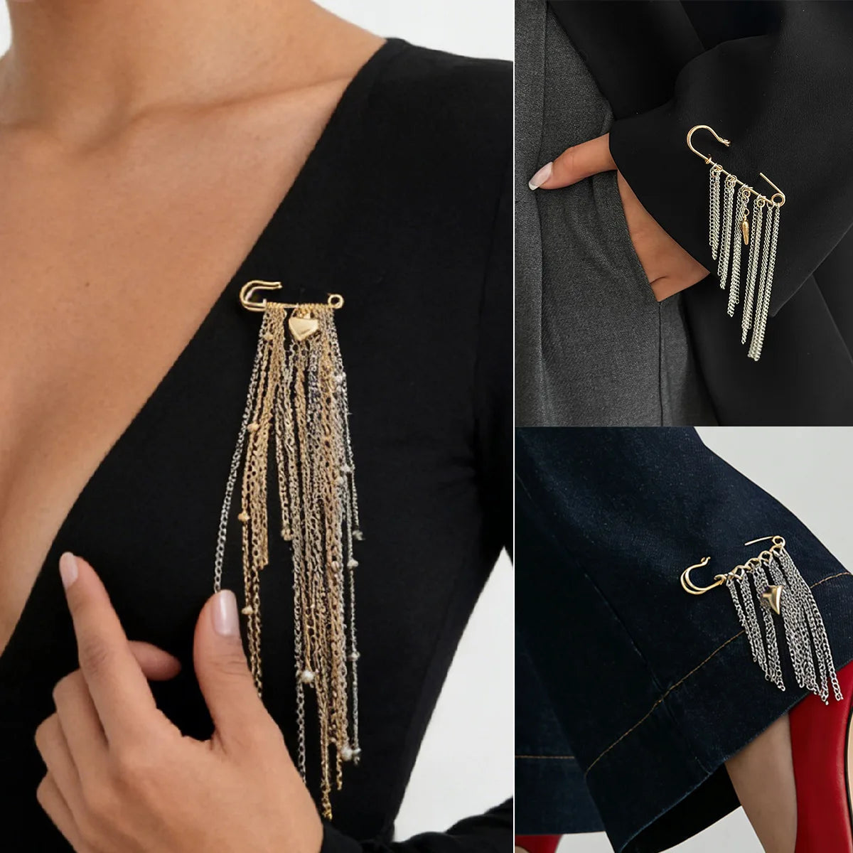Love Heart Pendant Safety Pin for Pants Shortening Decorative Chain Tassel Hem Clip Versatile Minimalist Metal