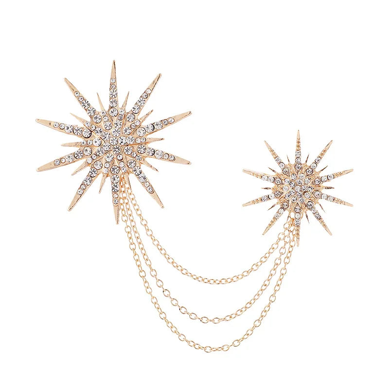 Vintage Crystal Star Snowflake Brooch for Men Tassel Chain Badge Fashion Suit Lapel Pins Elegant Jewelry Accessories