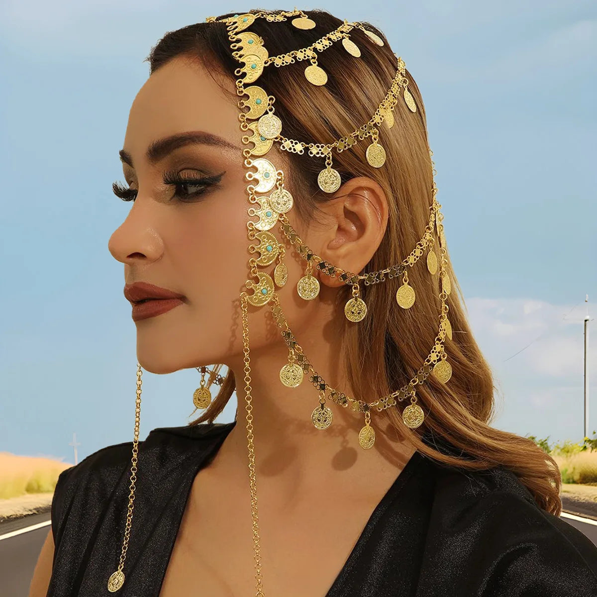 Creative Arabic Headwear: Popular in Middle East, Europe and America, Gold Alloy Coin Fringe Headband Hair Chain