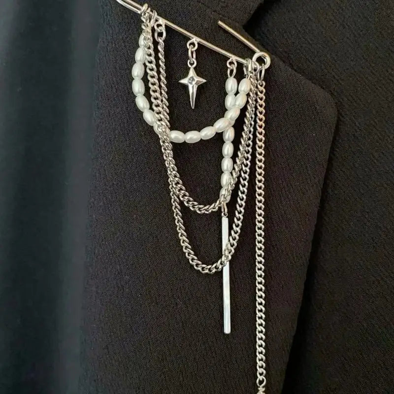 Women Elegant Luxury Pearl Pin Corsage Vintage Multi-layer Long Tassel Chain Brooch Safety Pins Party Jewelry Gift