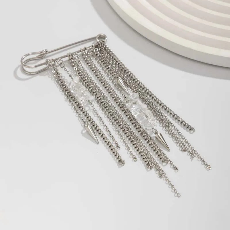 Sweet Cool Metal Chain Tassel Brooches for Women Men Fashion Silver Color Imitation Pearl Beaded Multi-Layer Brooch Jewelry