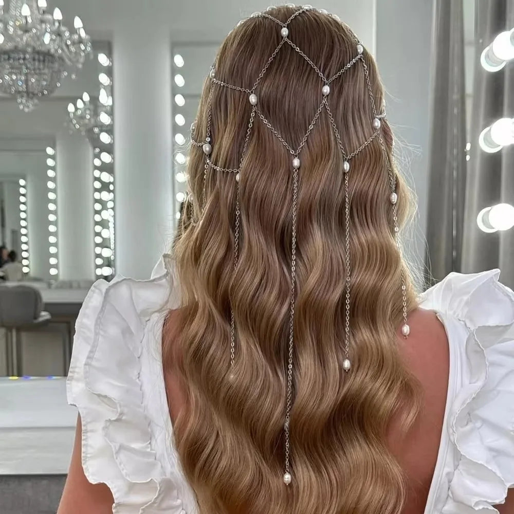 INS Vintage Bridal Head Chain Zircon Hollow Headpiece Pearl Headpiece Mesh Elegant Tassel Hair Chain Niche