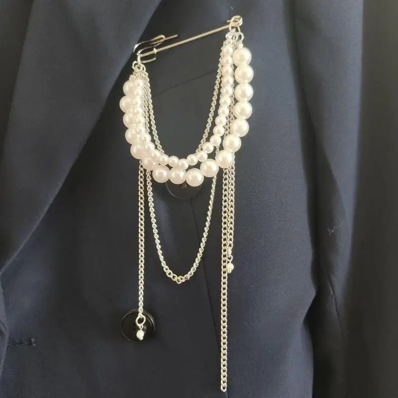 Women Elegant Luxury Pearl Pin Corsage Vintage Multi-layer Long Tassel Chain Brooch Safety Pins Party Jewelry Gift
