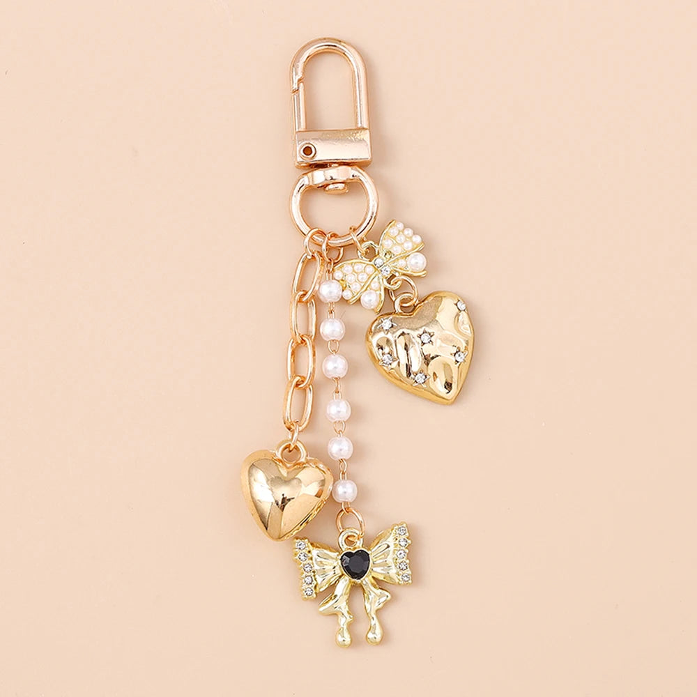 Aihua Cute Y2K Metal Shell Love Heart Key Chain Pearl Key Ring for Women Girl Handbag Pendants DIY Handmade Jewelry Accessories