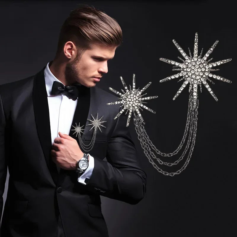Vintage Crystal Star Snowflake Brooch for Men Tassel Chain Badge Fashion Suit Lapel Pins Elegant Jewelry Accessories