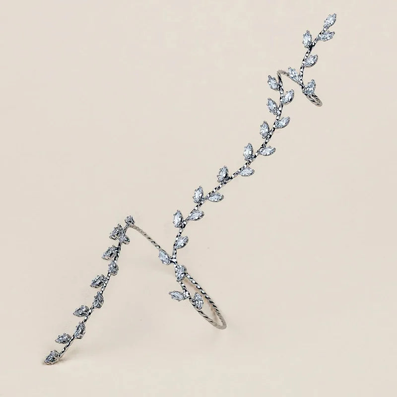Sparkling Leaf Cubic Zircon Adjustable Finger Bracelet Luxury Crystal Open Cuff Bangle Hand Jewelry Wedding Bridal Accessories
