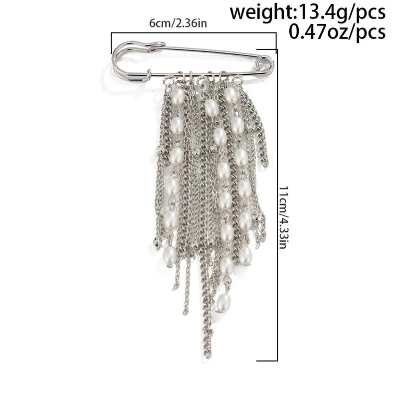Sweet Cool Metal Chain Tassel Brooches for Women Men Fashion Silver Color Imitation Pearl Beaded Multi-Layer Brooch Jewelry