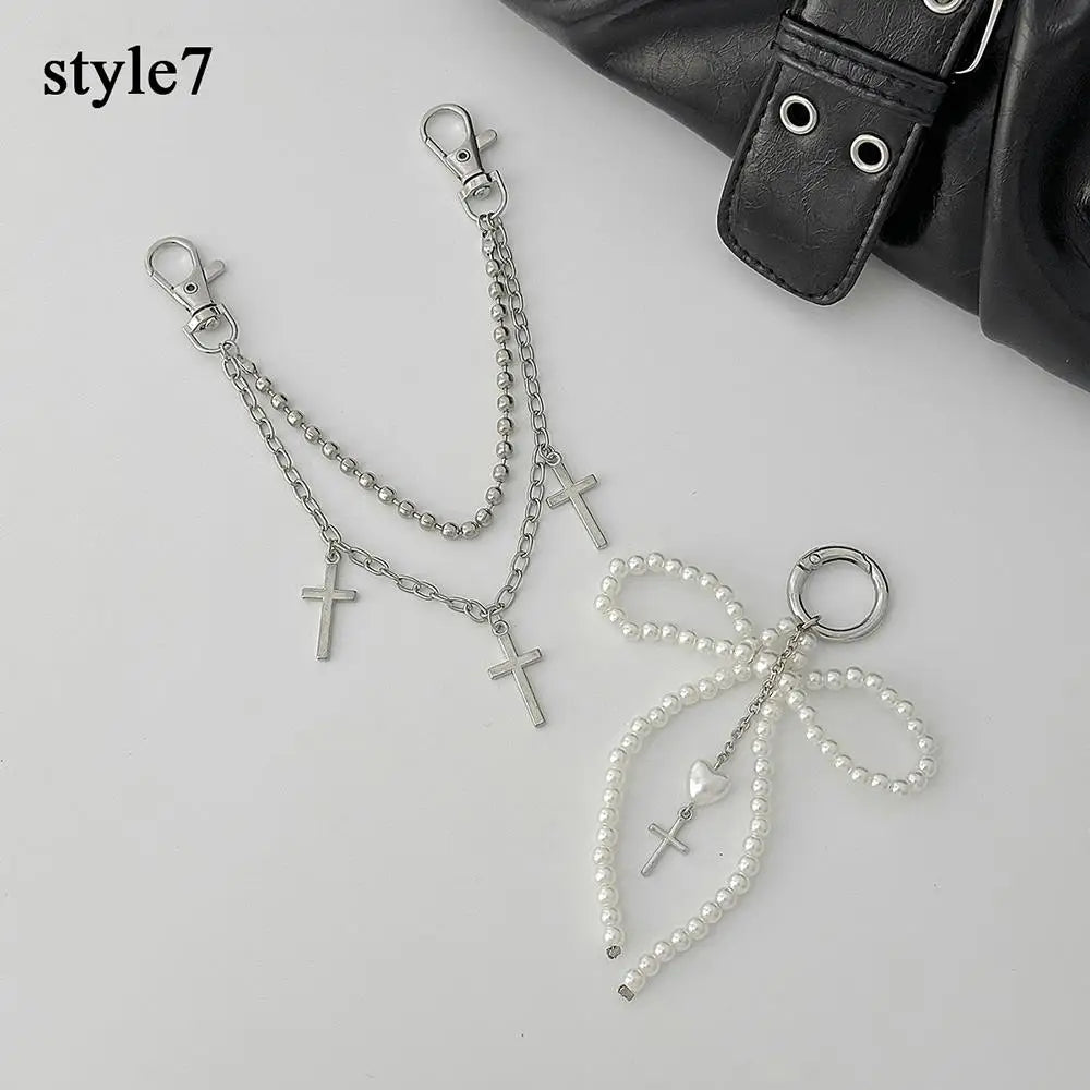 Y2K Pearl Bag Chain Strawberry Love Heart Bow Pendant Chain Strap For Bags Multi-layer Bag Chain Handbag DIY Handles Accessories