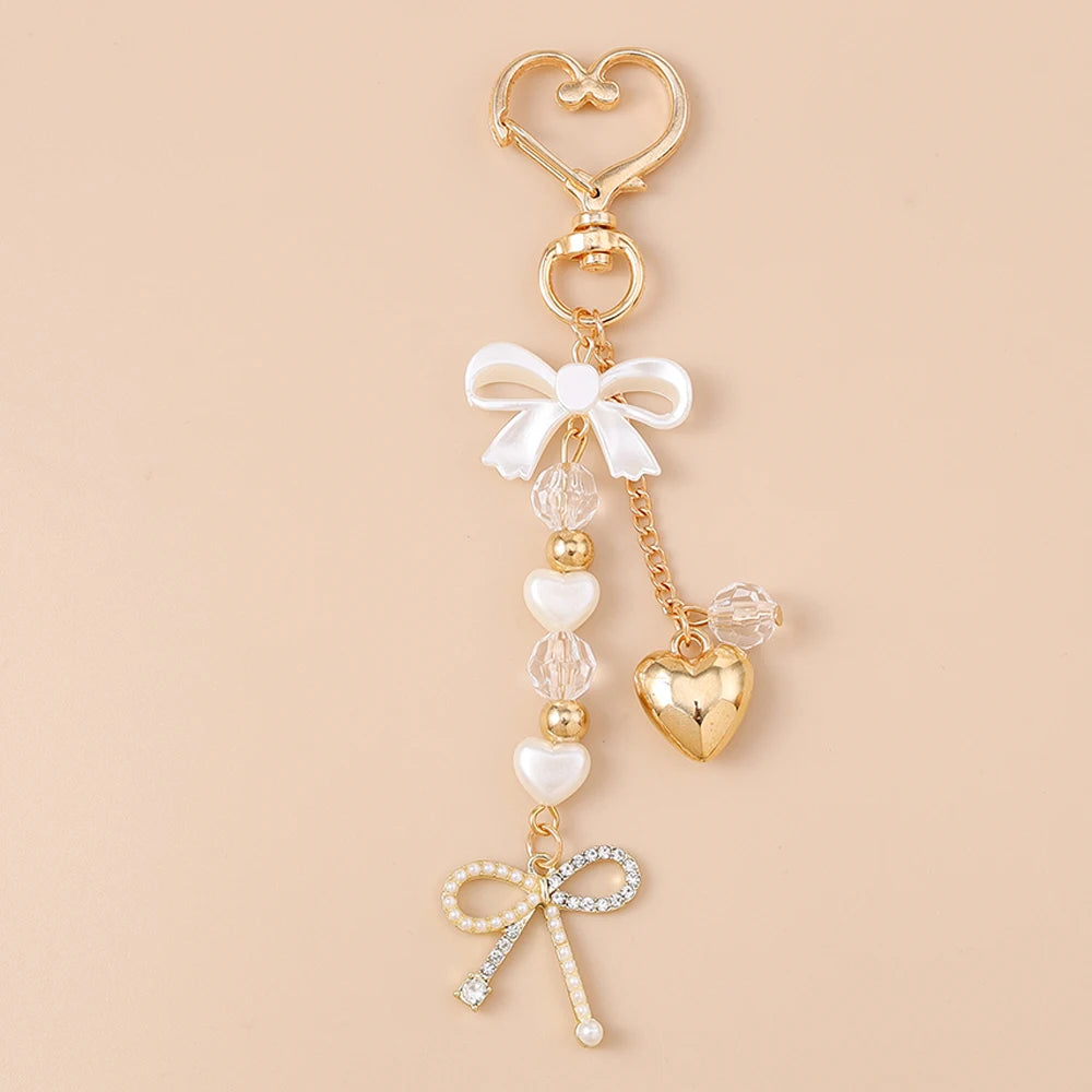 Aihua Cute Y2K Metal Shell Love Heart Key Chain Pearl Key Ring for Women Girl Handbag Pendants DIY Handmade Jewelry Accessories