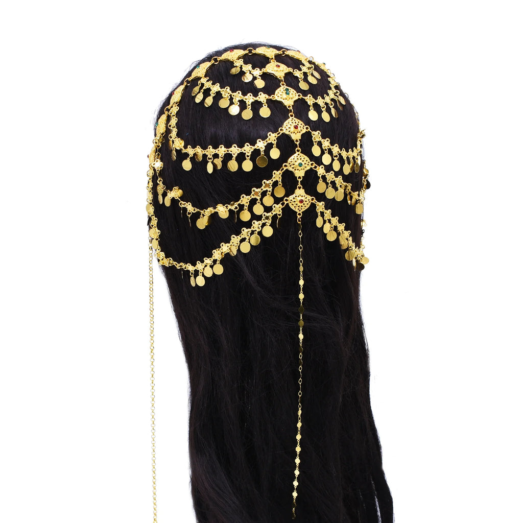 Ethnic Gold Plated Multi Layer Chain Geometry Tassel Headband Arabic Turkey Kurdish Hair Jewelry Wedding Festival Head Wear Gift