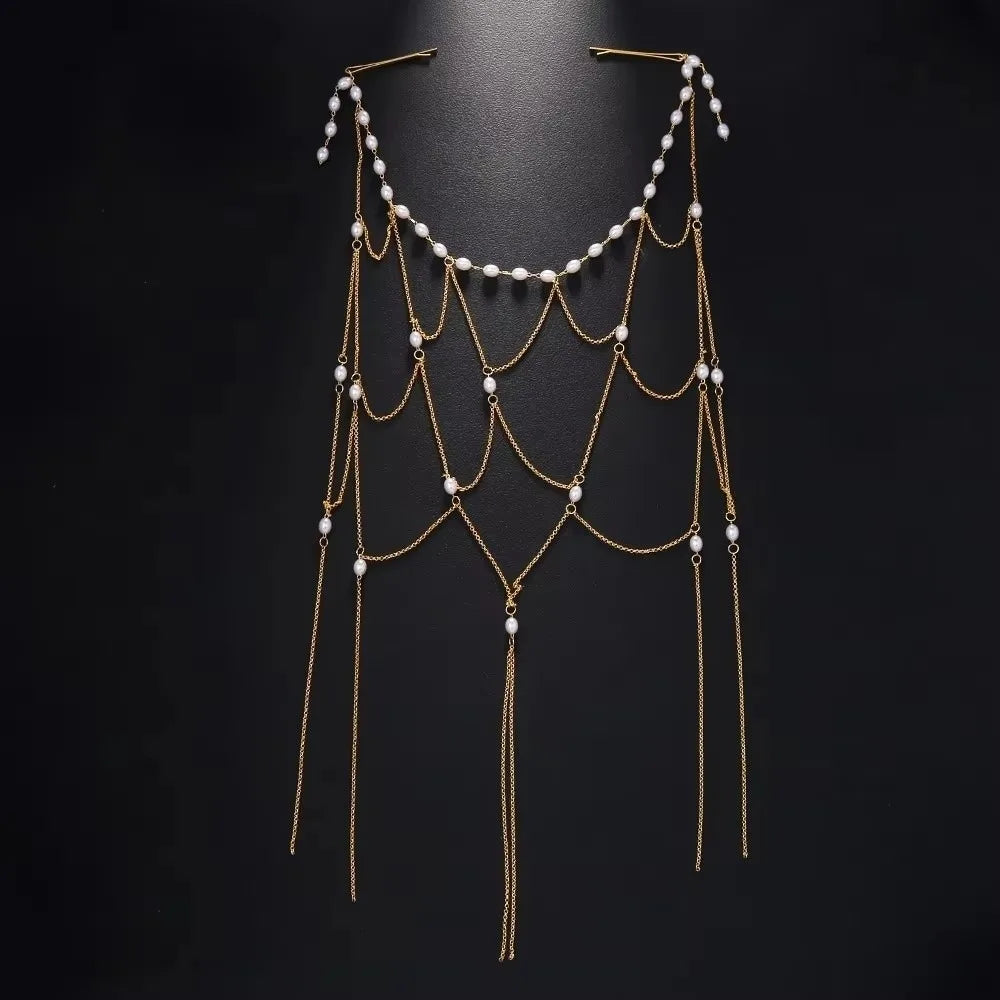 INS Vintage Bridal Head Chain Zircon Hollow Headpiece Pearl Headpiece Mesh Elegant Tassel Hair Chain Niche