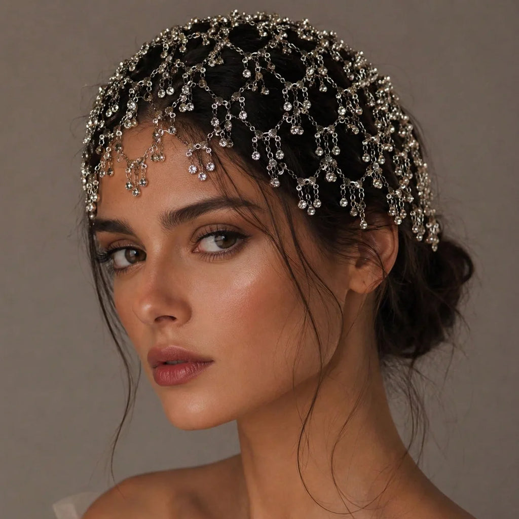Romantic Mesh Hairband Luxury Nightclub Design Rhinestone Mesh Hair Chain Princess Ball Accessory Headwear for Women