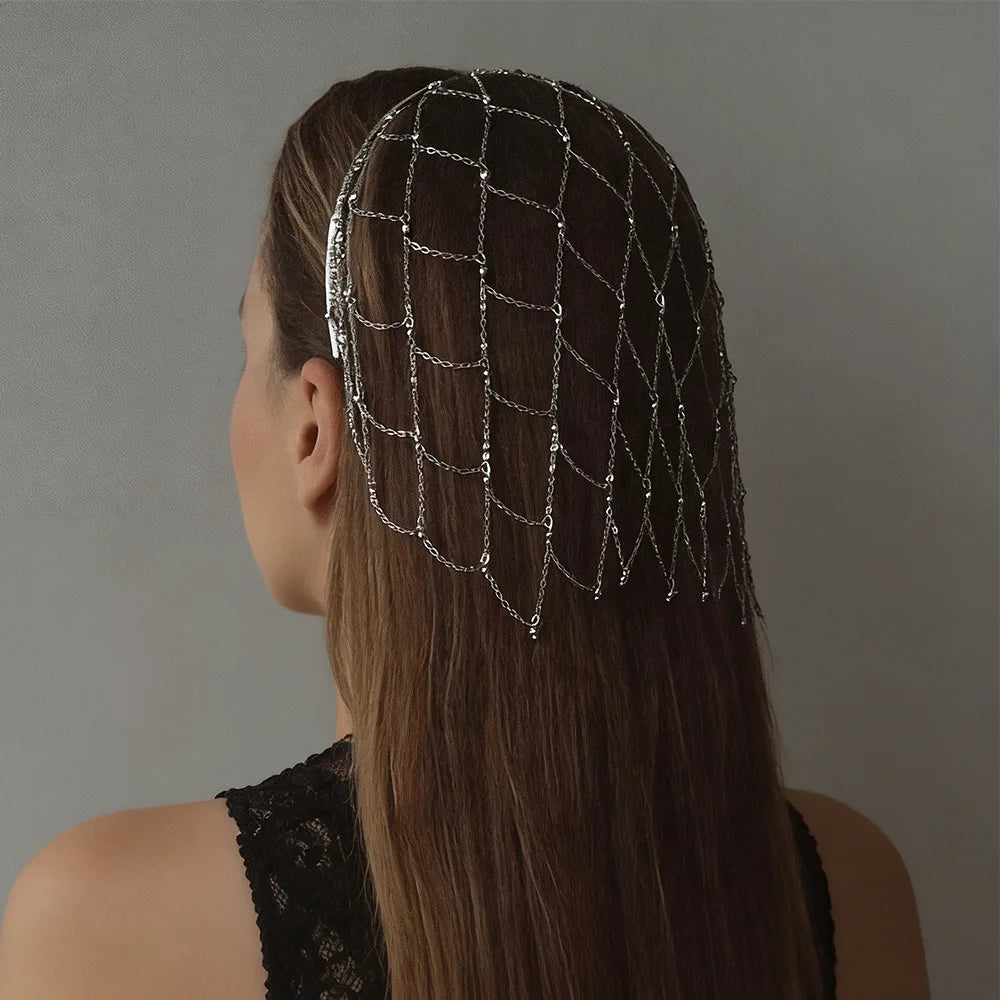 Handmade Hollow Mesh Headpiece Cap Belly Dance Hair Accessories Fashion Design Tassel Metal Head Chain Hat Wedding Jewelry Gift