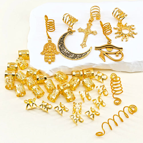 37PCS Gold Hair Jewelry for Braid Cross Braid Clips Multi Style Loc Dreadlock Bead Sprial  Metal Hair Accessories for Women&Men