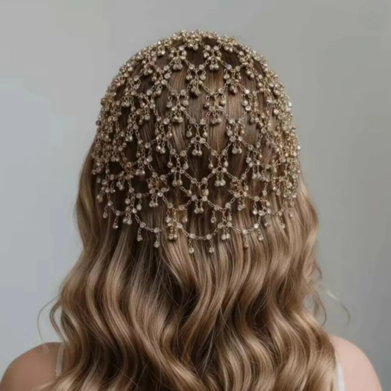 Romantic Mesh Hairband Luxury Nightclub Design Rhinestone Mesh Hair Chain Princess Ball Accessory Headwear for Women