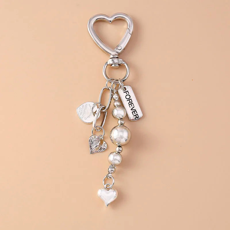 Aihua Cute Y2K Metal Shell Love Heart Key Chain Pearl Key Ring for Women Girl Handbag Pendants DIY Handmade Jewelry Accessories