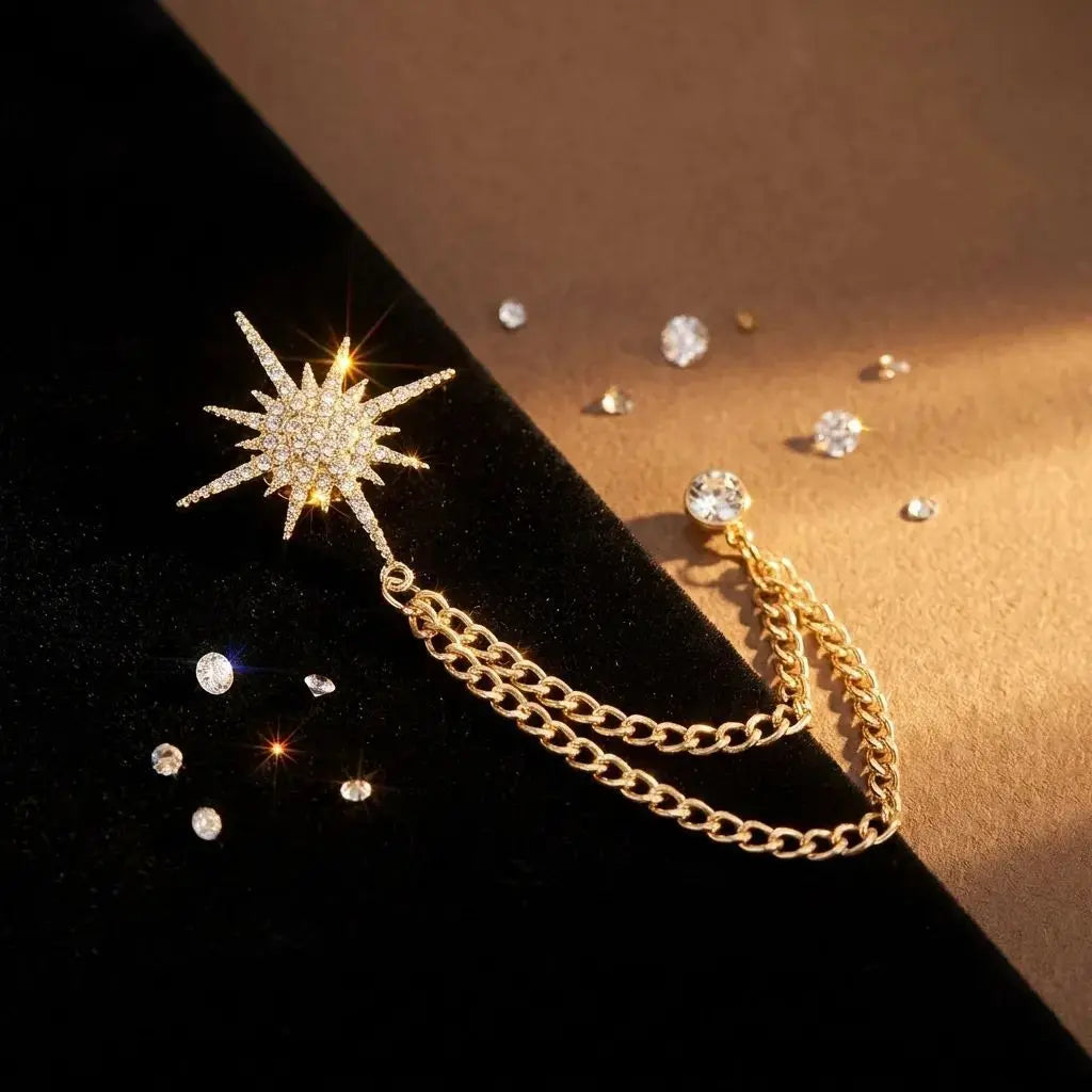 Sparkling Rhinestone Star Shaped Chain Brooches For Unisex Trendy Crystal Corsage Pins Jewelry Banquet Clothes Party Suit Gift