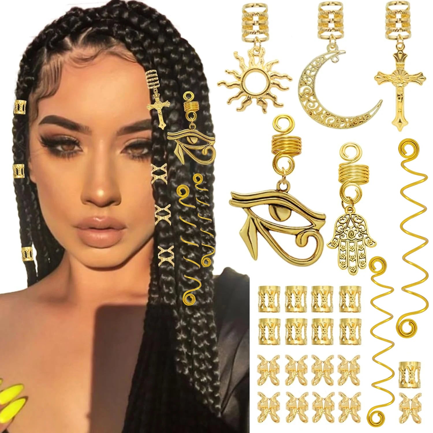 37PCS Gold Hair Jewelry for Braid Cross Braid Clips Multi Style Loc Dreadlock Bead Sprial  Metal Hair Accessories for Women&Men