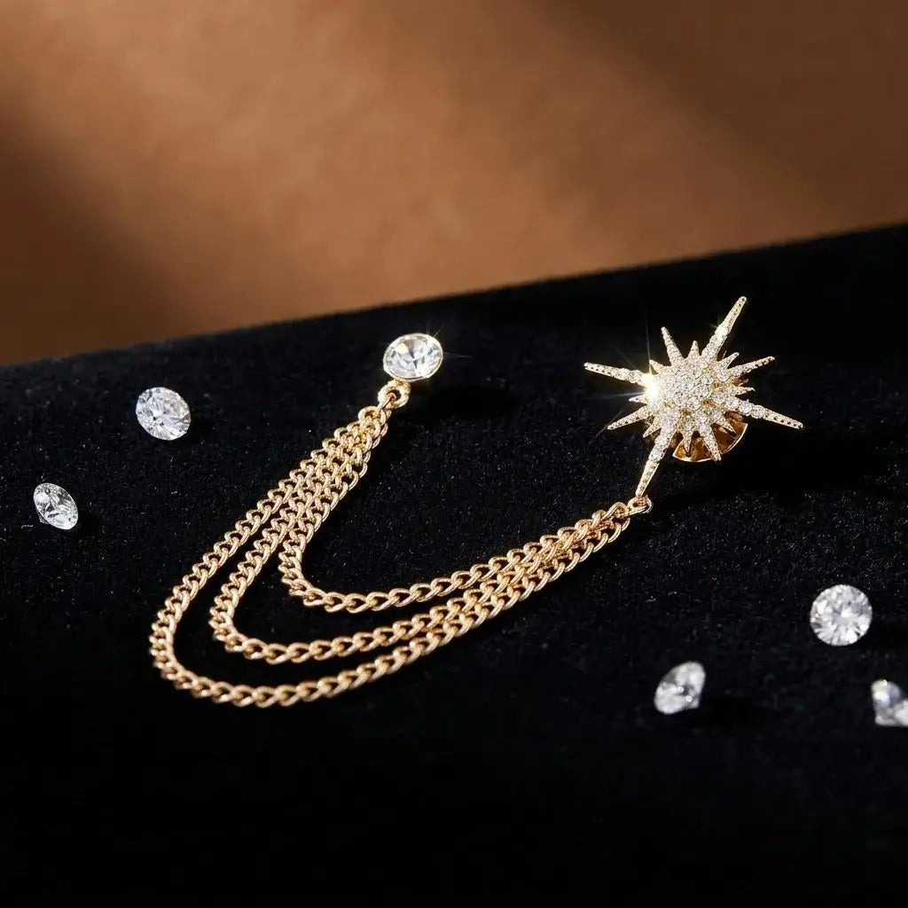 Sparkling Rhinestone Star Shaped Chain Brooches For Unisex Trendy Crystal Corsage Pins Jewelry Banquet Clothes Party Suit Gift