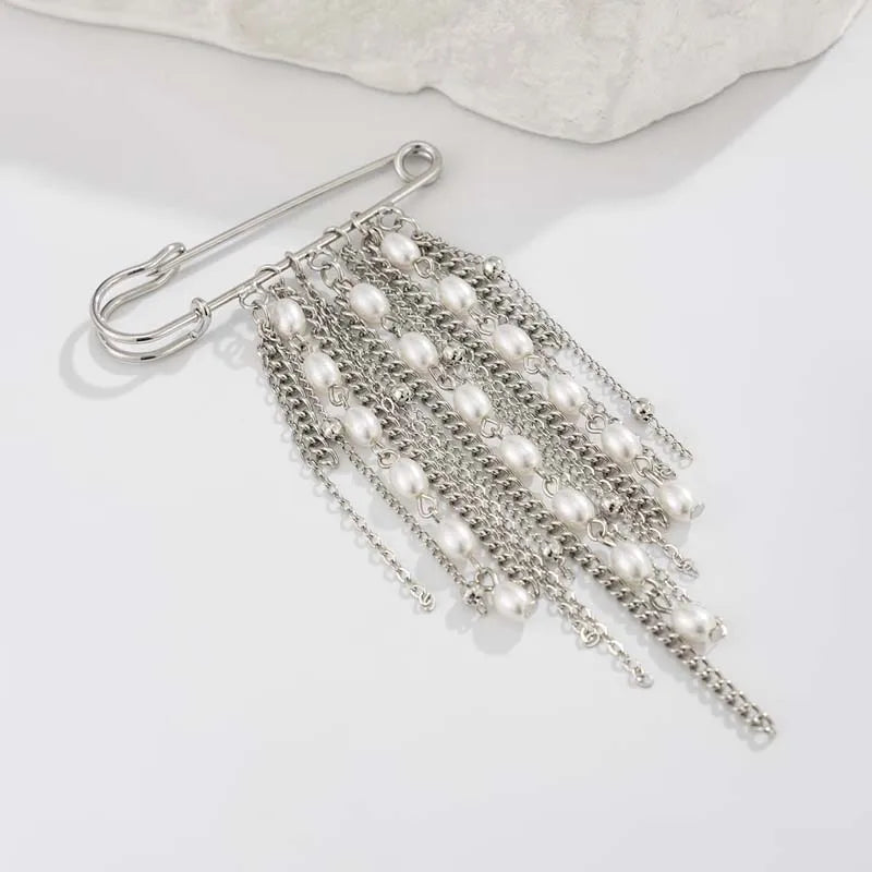 Sweet Cool Metal Chain Tassel Brooches for Women Men Fashion Silver Color Imitation Pearl Beaded Multi-Layer Brooch Jewelry