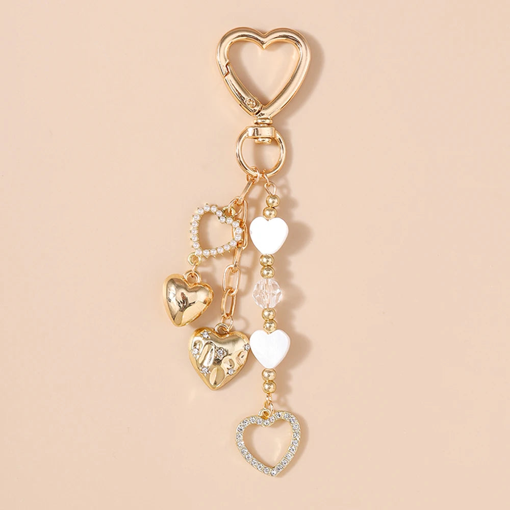 Aihua Cute Y2K Metal Shell Love Heart Key Chain Pearl Key Ring for Women Girl Handbag Pendants DIY Handmade Jewelry Accessories
