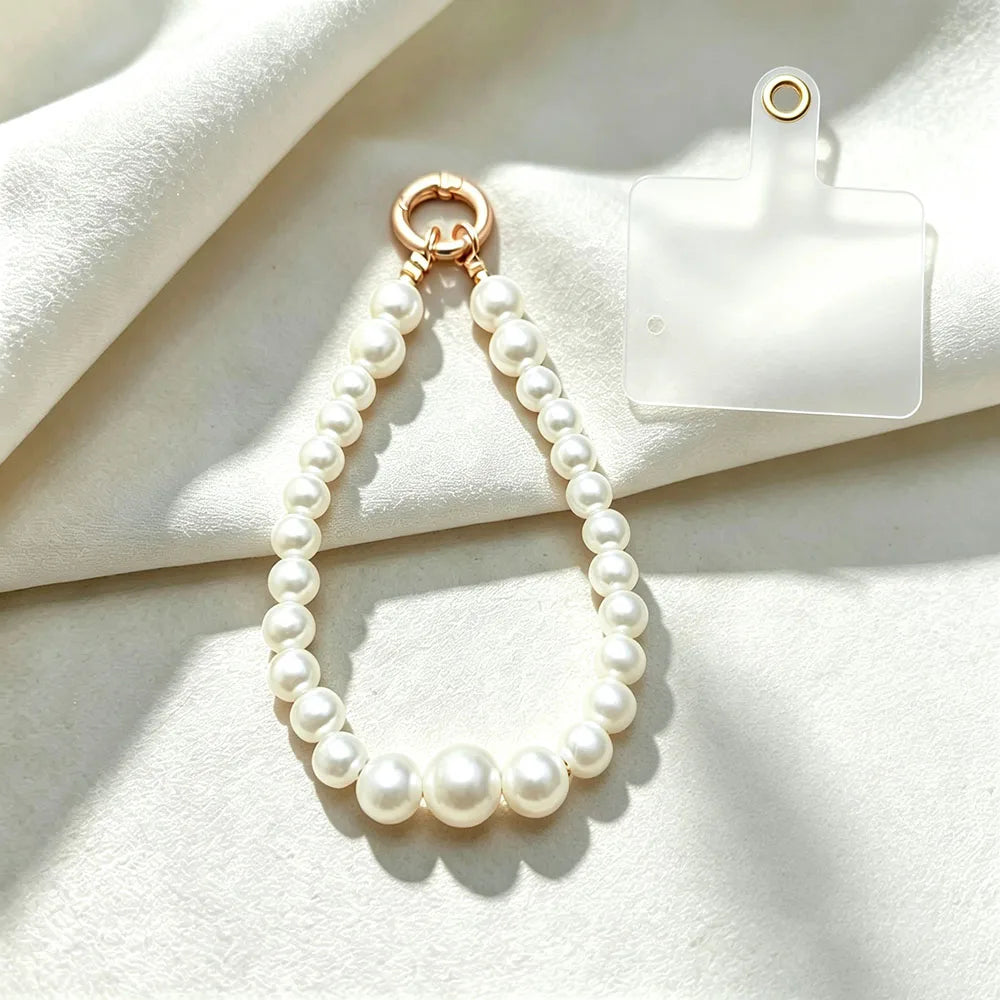 White Pearl Beaded Phone Crossbody Strap Fashion Hands-Free Shoulder Phone Long Lanyard for Women Universal Cell Phone Chains