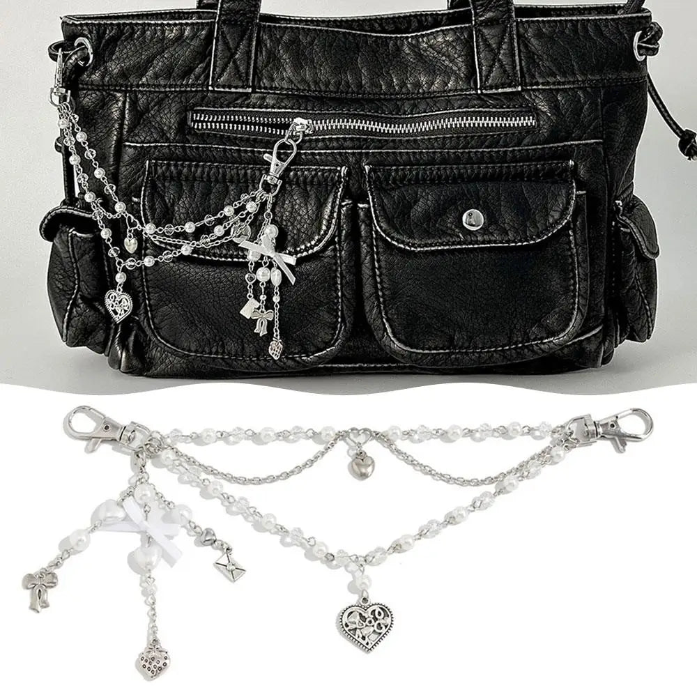Y2K Pearl Bag Chain Strawberry Love Heart Bow Pendant Chain Strap For Bags Multi-layer Bag Chain Handbag DIY Handles Accessories