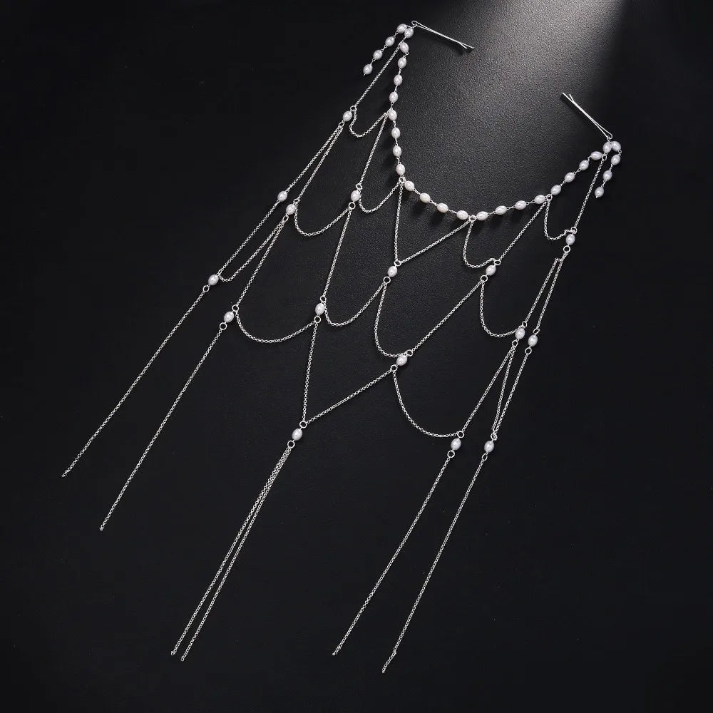 INS Vintage Bridal Head Chain Zircon Hollow Headpiece Pearl Headpiece Mesh Elegant Tassel Hair Chain Niche