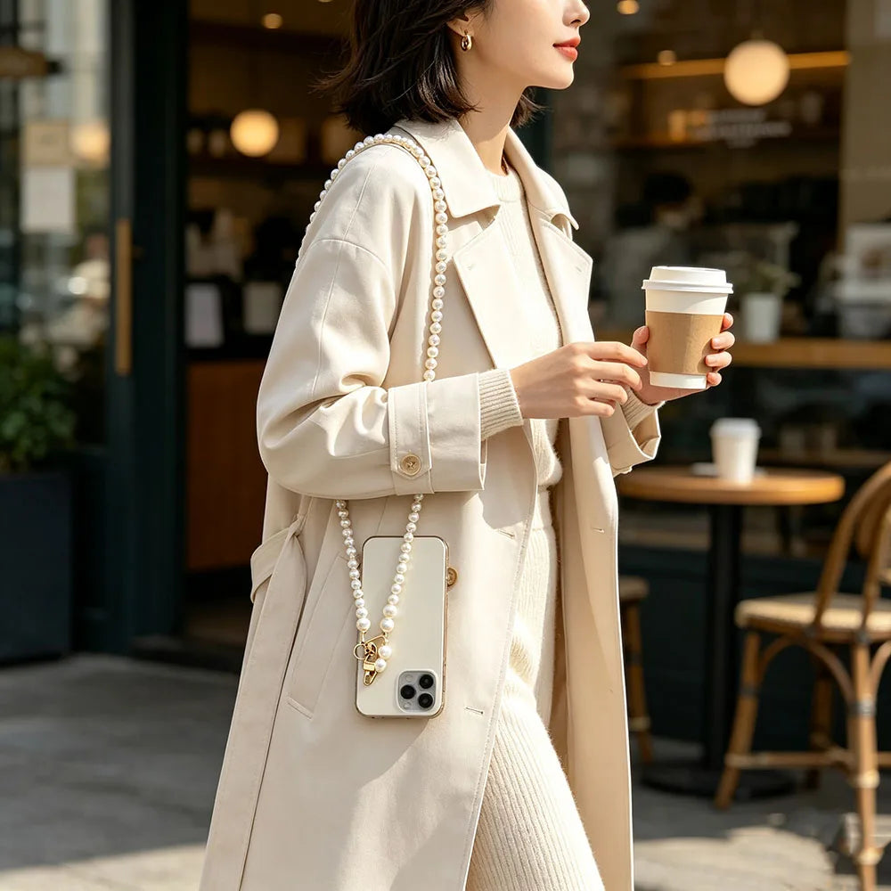 White Pearl Beaded Phone Crossbody Strap Fashion Hands-Free Shoulder Phone Long Lanyard for Women Universal Cell Phone Chains