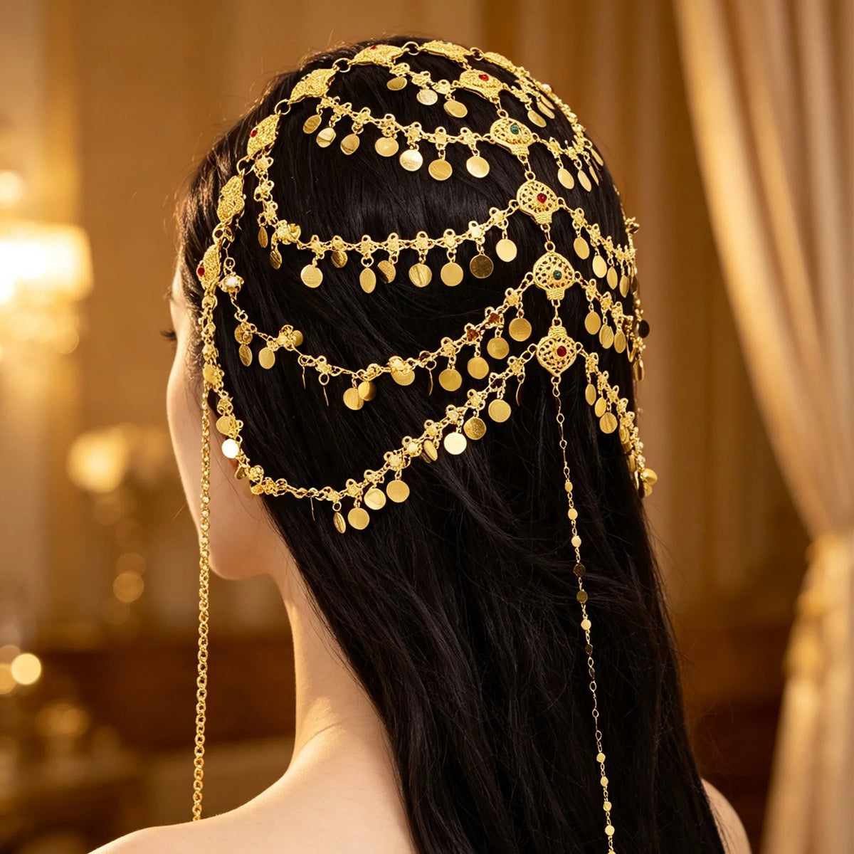 Ethnic Gold Plated Multi Layer Chain Geometry Tassel Headband Arabic Turkey Kurdish Hair Jewelry Wedding Festival Head Wear Gift