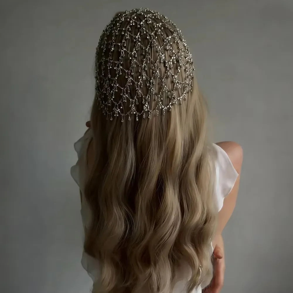 Romantic Mesh Hairband Luxury Nightclub Design Rhinestone Mesh Hair Chain Princess Ball Accessory Headwear for Women