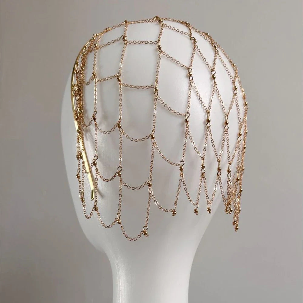 Handmade Hollow Mesh Headpiece Cap Belly Dance Hair Accessories Fashion Design Tassel Metal Head Chain Hat Wedding Jewelry Gift