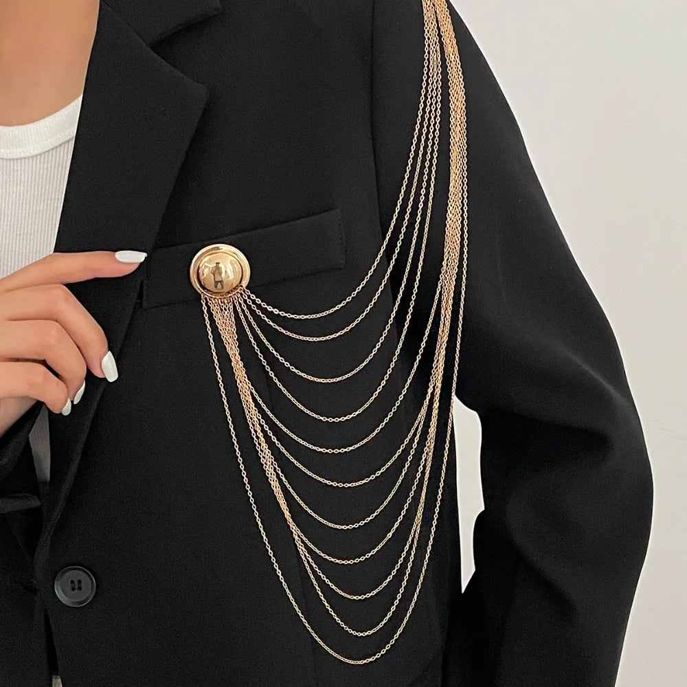 Double Round Buckle Pin Multi-layer Imitation Pearl Chain Long Tassel Brooches for Women Dress Decoration Suit Lapel Pin Jewelry