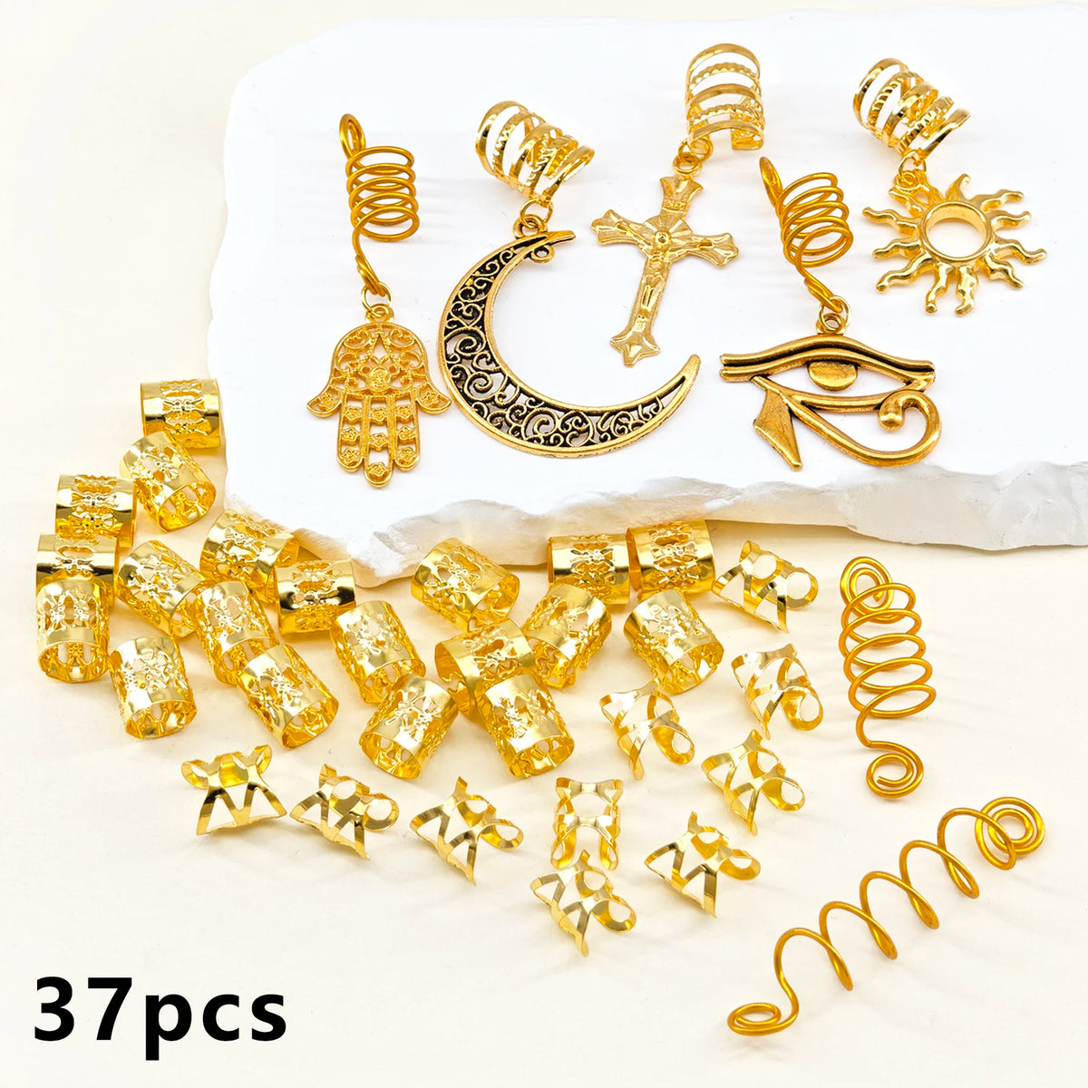37PCS Gold Hair Jewelry for Braid Cross Braid Clips Multi Style Loc Dreadlock Bead Sprial  Metal Hair Accessories for Women&Men