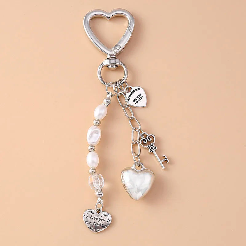 Aihua Cute Y2K Metal Shell Love Heart Key Chain Pearl Key Ring for Women Girl Handbag Pendants DIY Handmade Jewelry Accessories